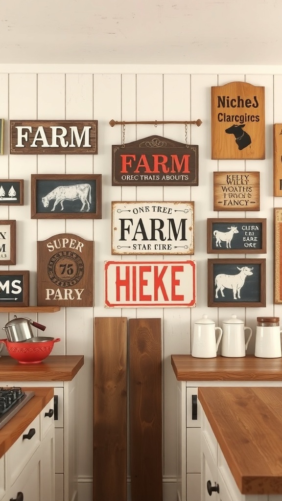 Rustic farmhouse kitchen wall art featuring various farm-themed signs.