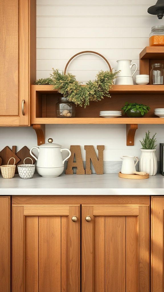 A cozy kitchen with wooden cabinets and farmhouse-style pulls.