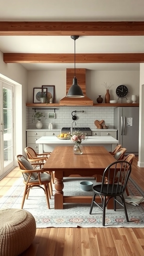 A modern farmhouse dining area featuring a wooden table, mixed seating, and natural light.