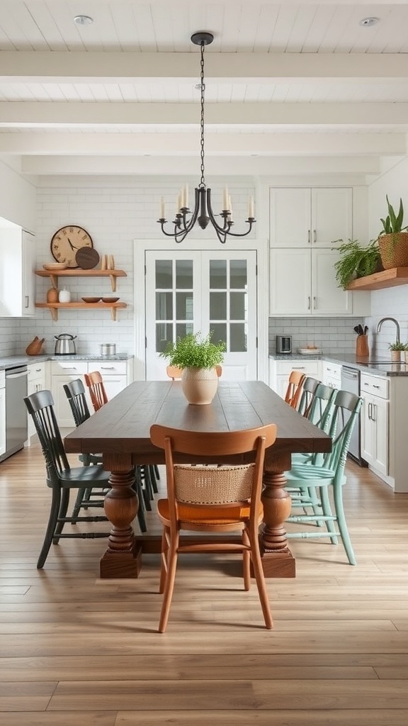 A cozy farmhouse dining table with colorful chairs in a white kitchen.