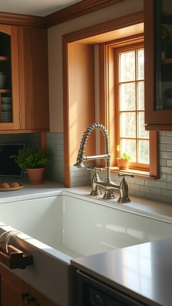 A modern farmhouse kitchen featuring a deep farmhouse sink with a stylish faucet and natural light coming through a window.