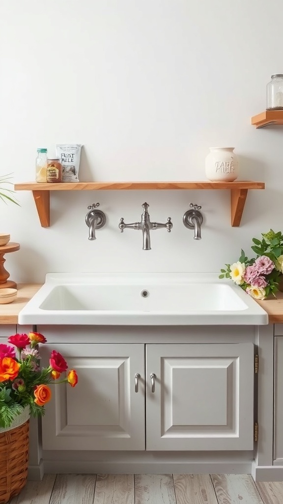 A stylish farmhouse sink with a wooden shelf above it, surrounded by flowers and kitchen items.