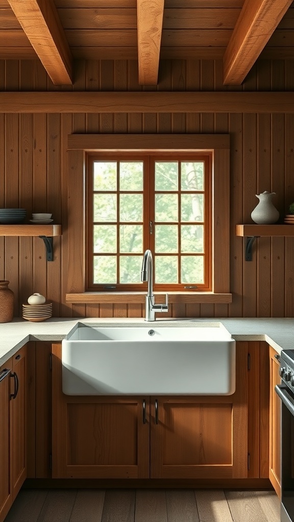 A modern rustic kitchen featuring a farmhouse sink, wooden cabinets, and a window.