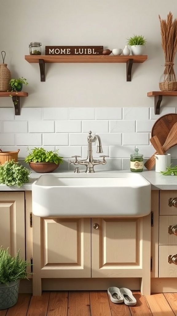 A rustic farmhouse kitchen featuring a white apron front sink, wooden shelves, and greenery.
