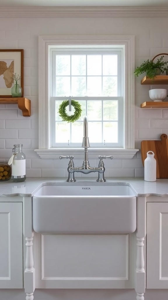A contemporary farmhouse kitchen featuring a vintage-style farmhouse sink, elegant faucet, and natural light from a window.