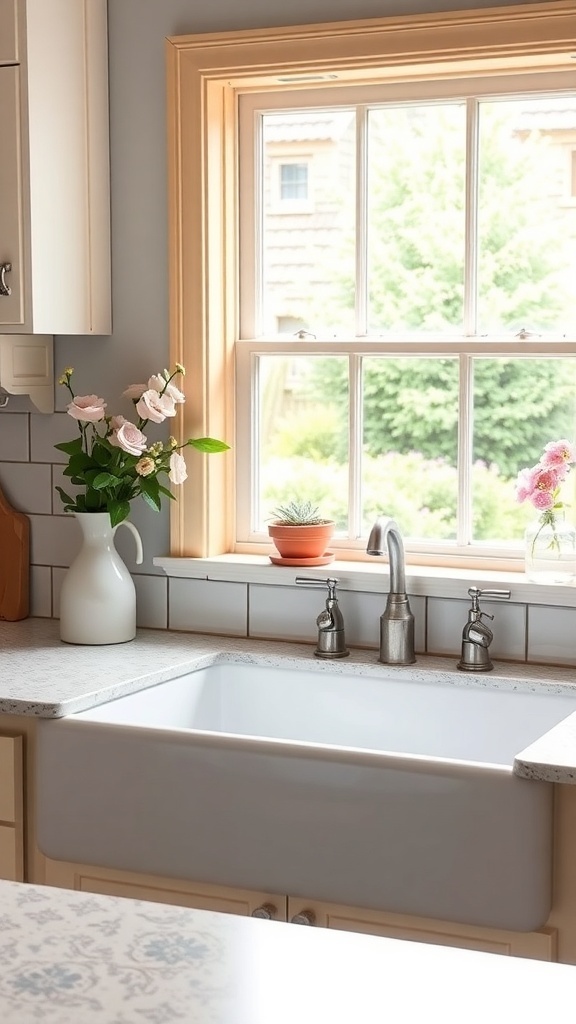 A farmhouse sink with vintage fixtures, flowers, and a window view.