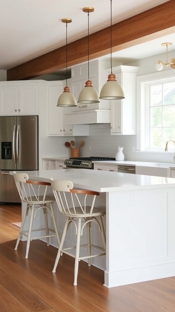 White farmhouse kitchen with bar stools and pendant lights