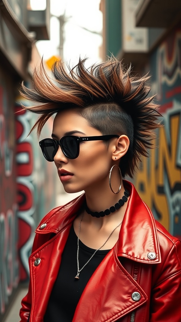 A person with a faux hawk hairstyle featuring curls, wearing sunglasses and a red leather jacket, standing in an urban setting.