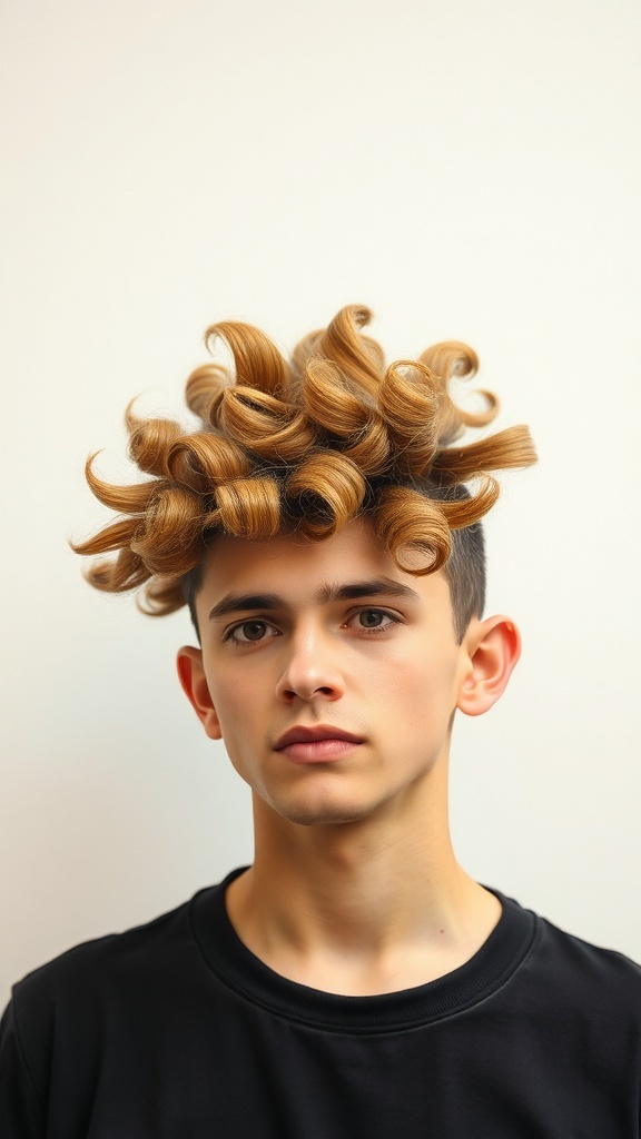 A young person with a faux hawk curly hairstyle, featuring voluminous curls on top and shorter sides.