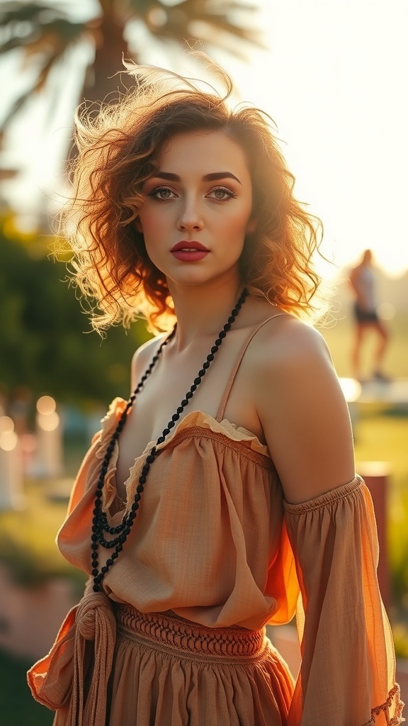 A woman with feathered curls, wearing a flowy outfit, standing in a sunlit outdoor setting.
