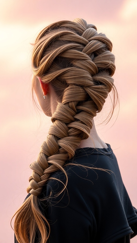 A close-up view of a braided ponytail hairstyle featuring feed-in braids transitioning into a fishtail finish.