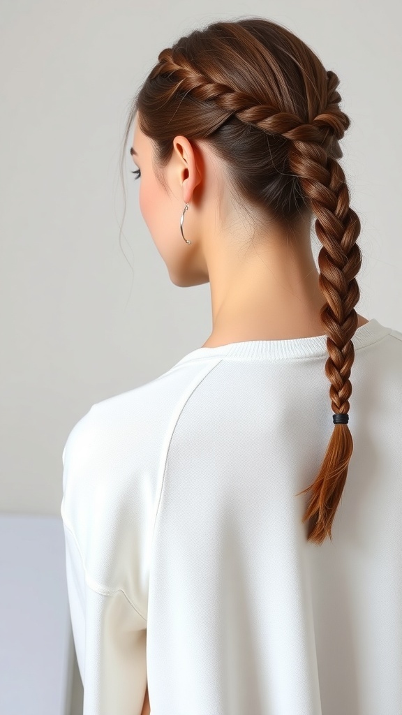 A woman with a braided ponytail hairstyle, showcasing feed-in braids leading into a low ponytail.