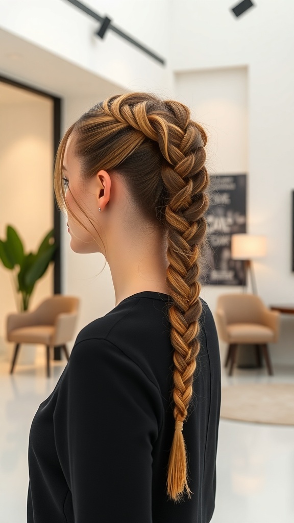 A woman with a braided ponytail hairstyle featuring a side part, showcasing neat and thick braids.