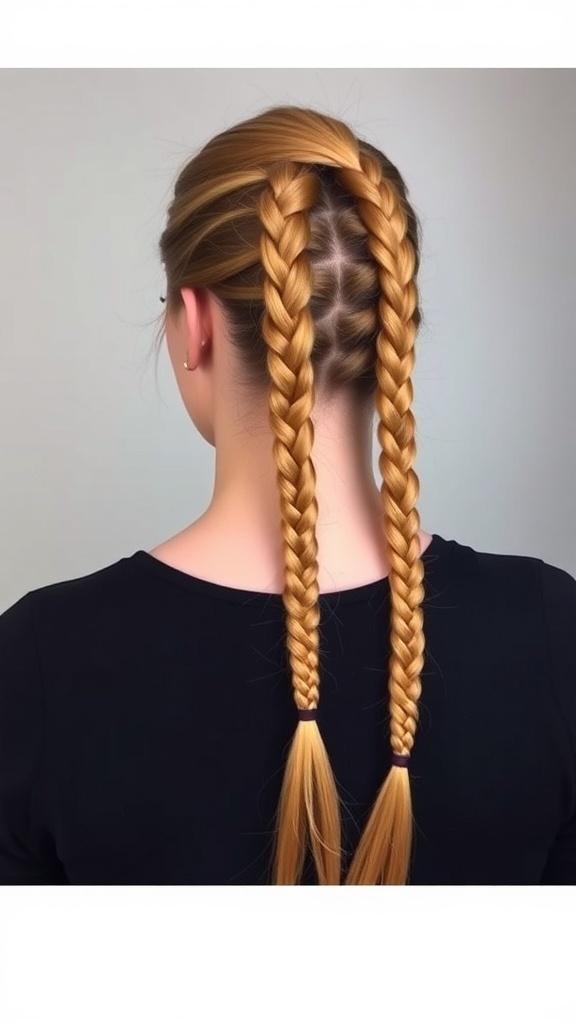 A back view of a person with two neat feed-in braids styled elegantly.