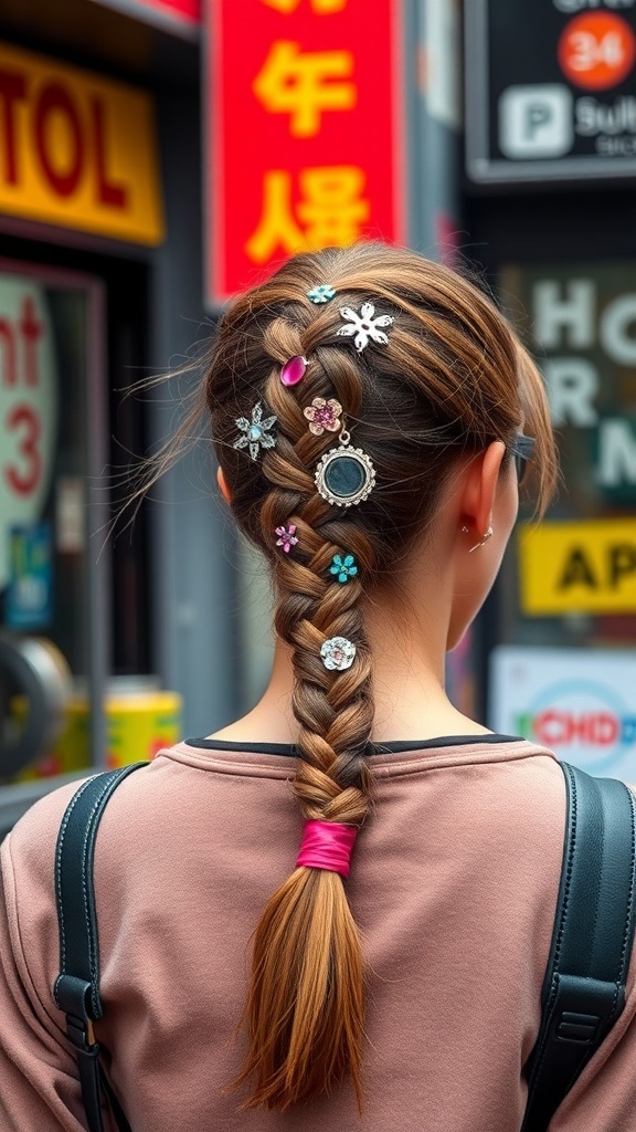 A close-up of a braided ponytail hairstyle with colorful accessories and clips.