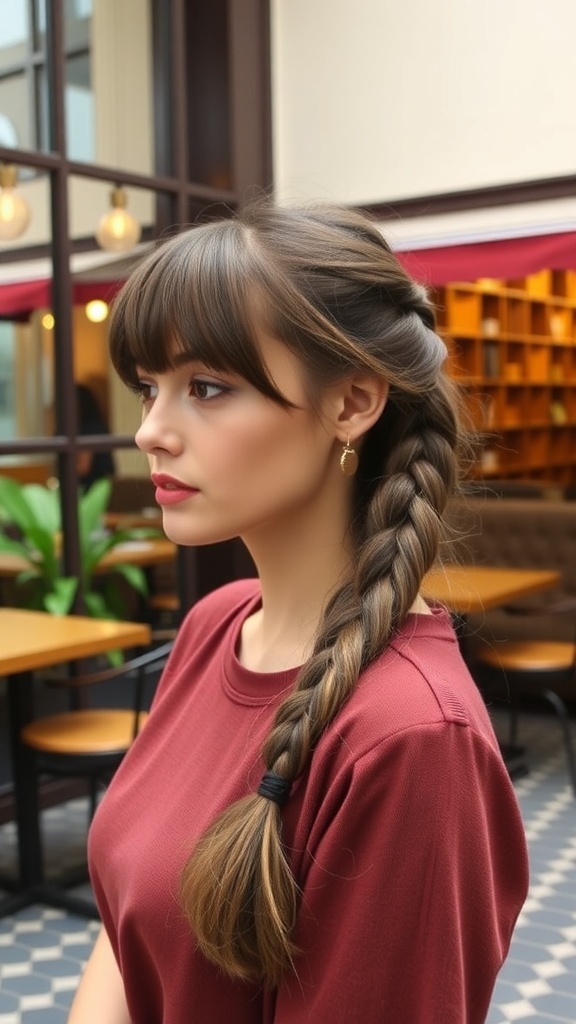 A woman with a braided ponytail and bangs, showcasing a stylish feed-in braid hairstyle.