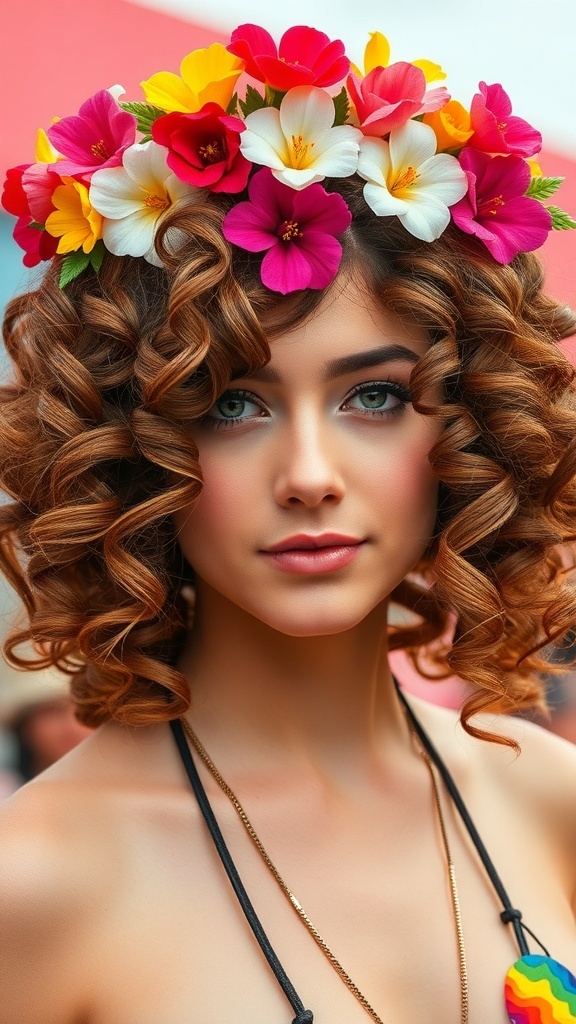 A woman with curly hair adorned with colorful flowers, showcasing a festival-ready hairstyle.