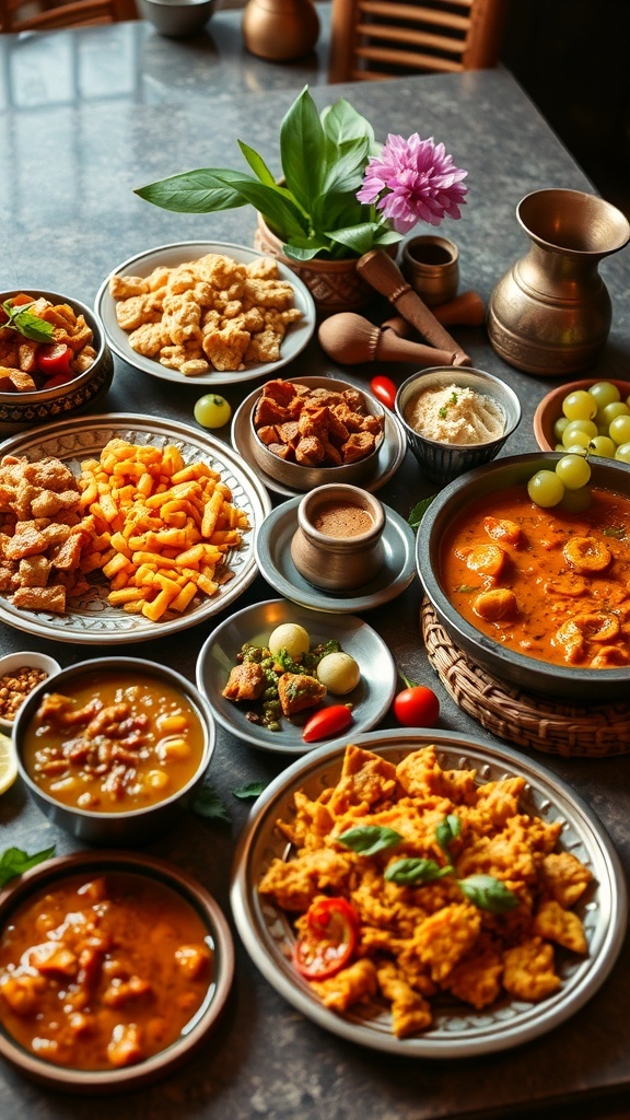 A variety of South Indian festive foods displayed on a table.