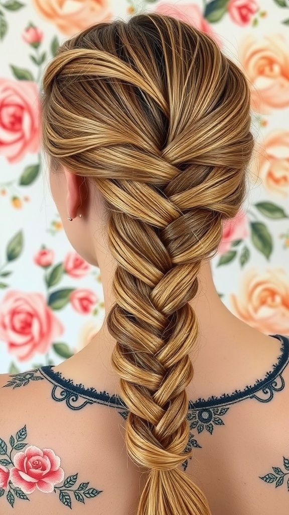 A fishtail braid hairstyle on a woman with floral tattoos, set against a floral background.