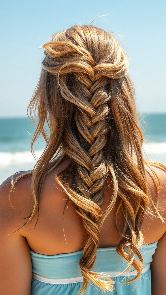 A woman with a fishtail braid and beach waves, standing by the ocean.