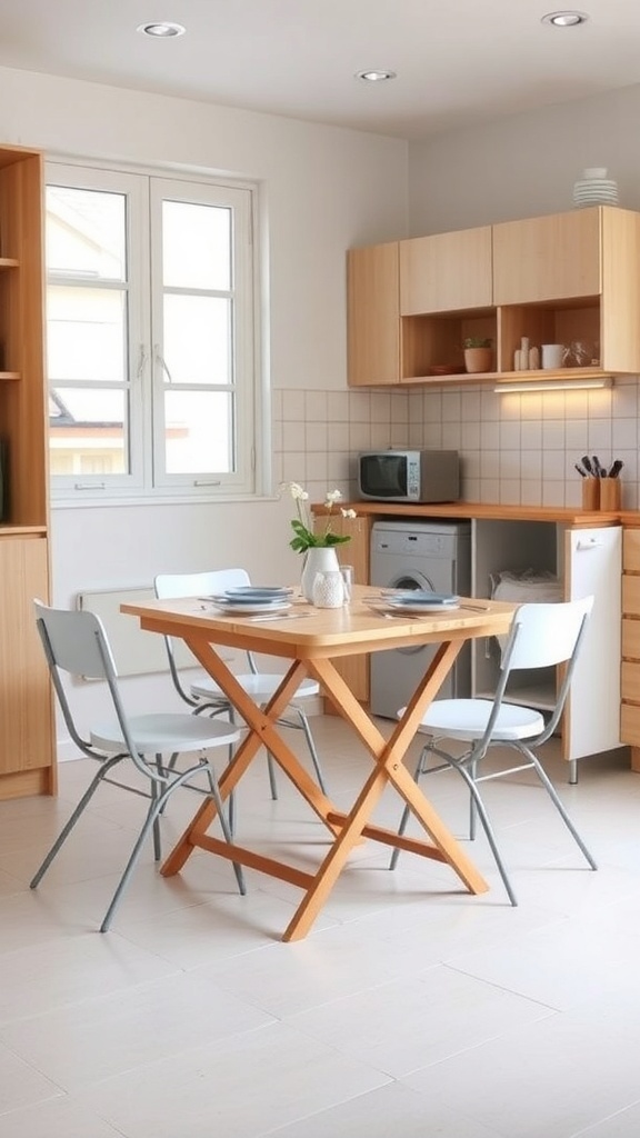 A small, foldable dining table with chairs in a bright kitchen.