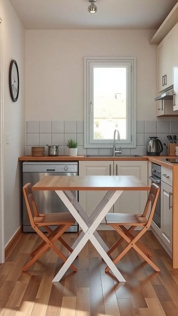 A small kitchen featuring a foldable table and chairs, maximizing space efficiency.