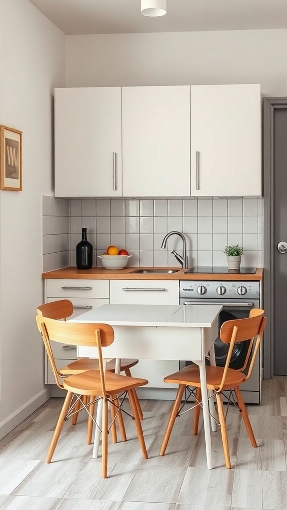 A small kitchen featuring a foldable table and wooden chairs.