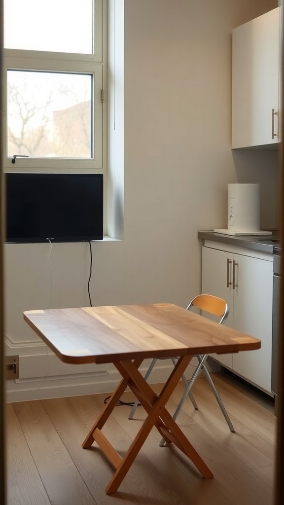 A small, foldable wooden table with a chair in a compact kitchen space.
