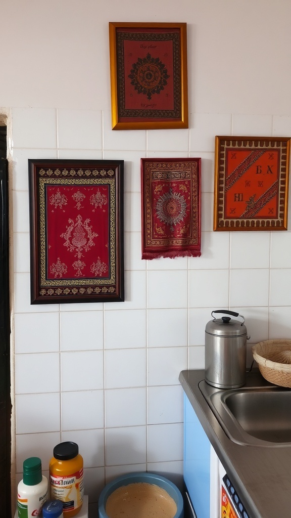 Framed Indian textiles displayed on a kitchen wall.