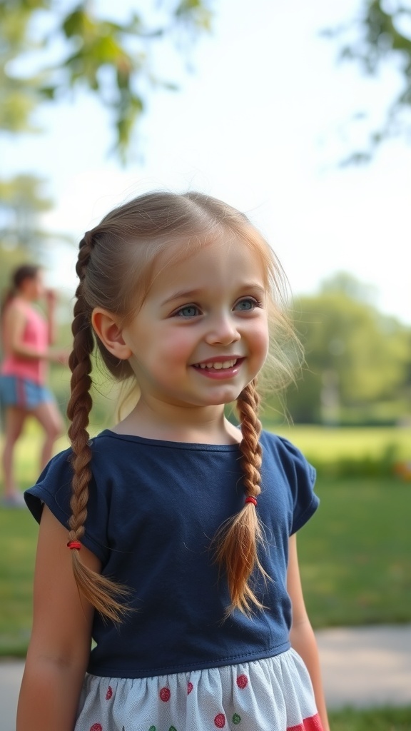 A young girl with braided pigtails smiling outdoors