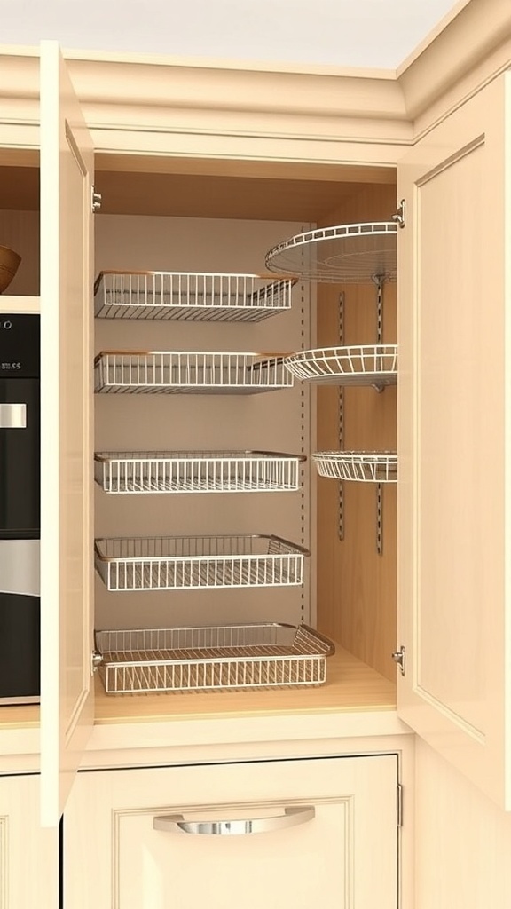 Interior view of a corner kitchen cabinet with pull-out wire baskets.
