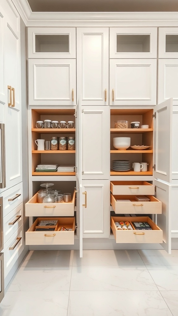 A modern kitchen with white cabinets featuring pull-out drawers and organized storage.