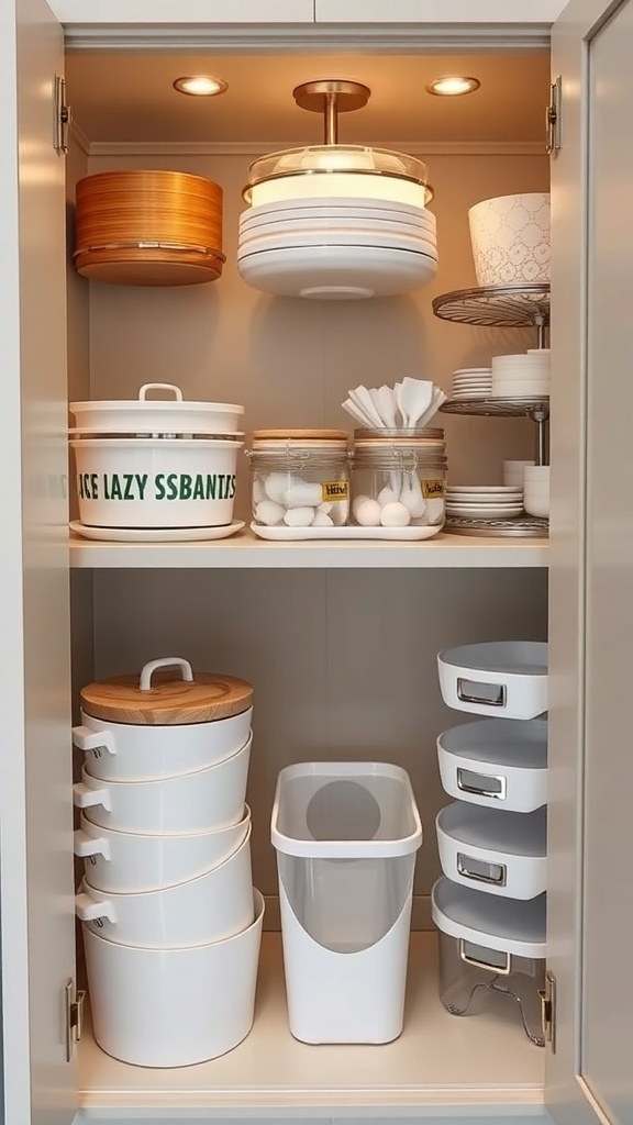 Organized corner cupboard with various kitchen accessories and containers.