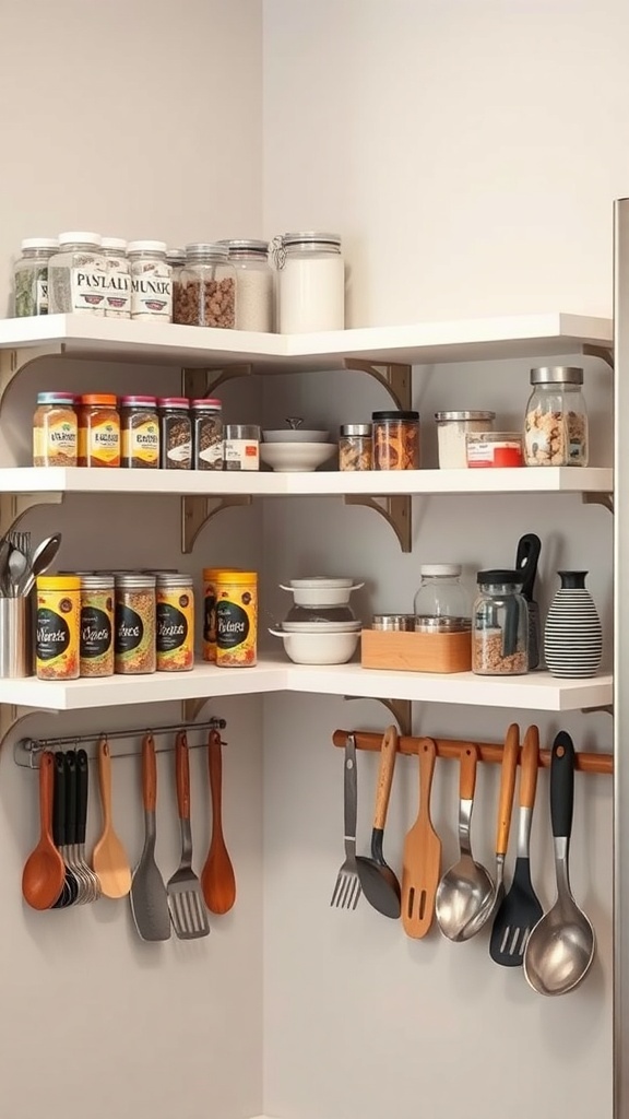 A well-organized corner shelf in a kitchen displaying jars, spices, and hanging utensils.
