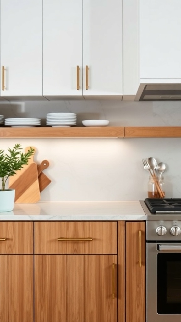Modern kitchen cabinet with gold hardware and wooden accents