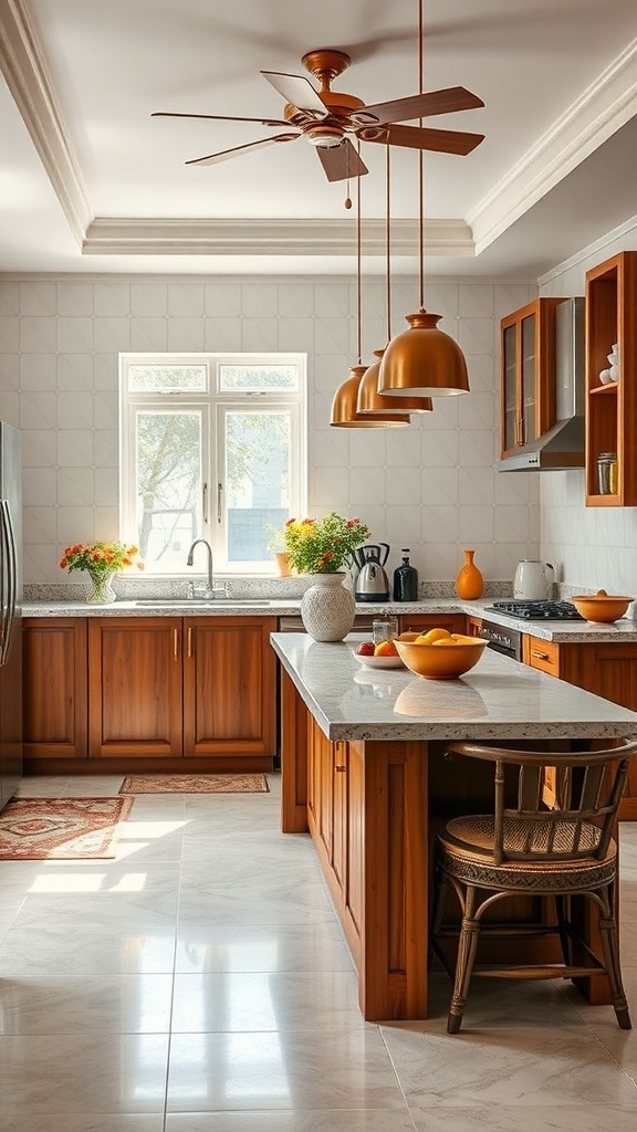 A functional kitchen island with seating in an Indian style kitchen.