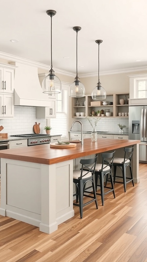 Contemporary farmhouse kitchen featuring a functional kitchen island with seating.