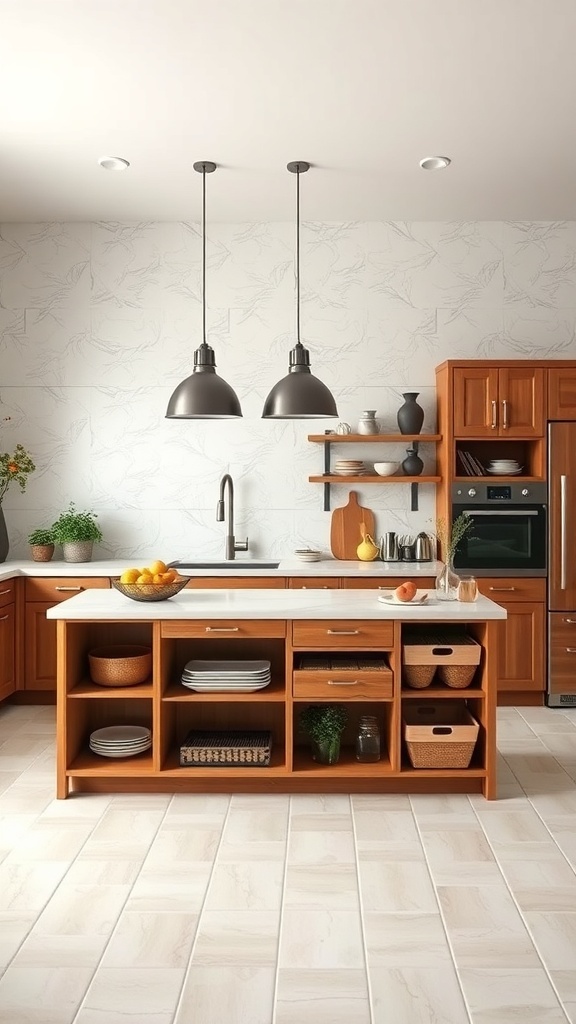 A modern kitchen island with open storage and baskets, showcasing organized kitchen essentials.