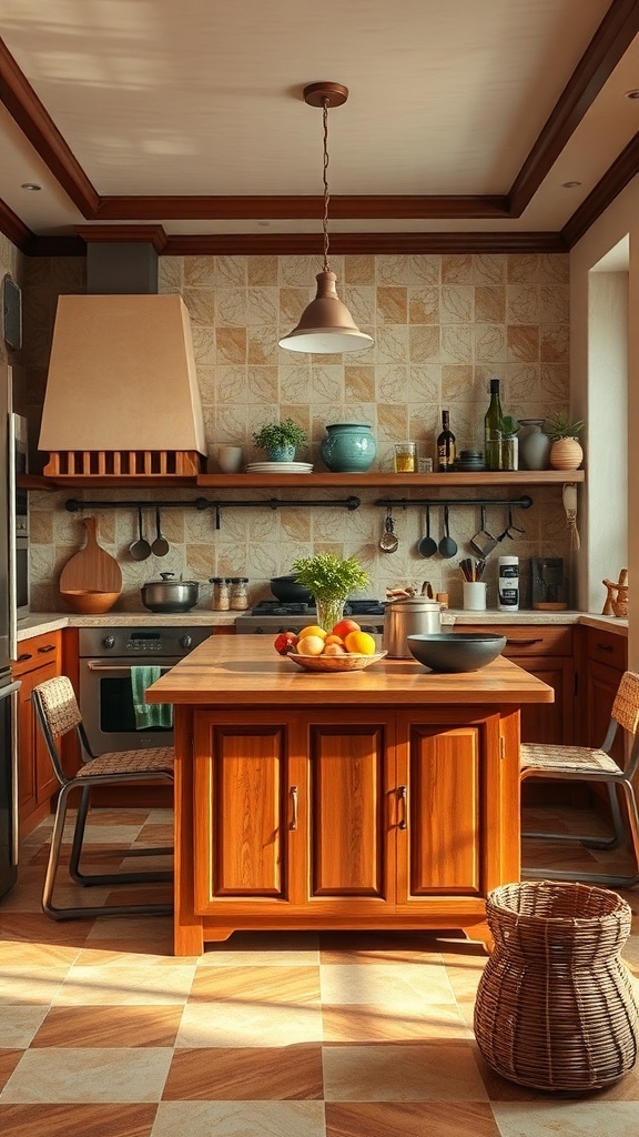 A cozy Indian-style kitchen featuring a wooden island with fruits and a basket.