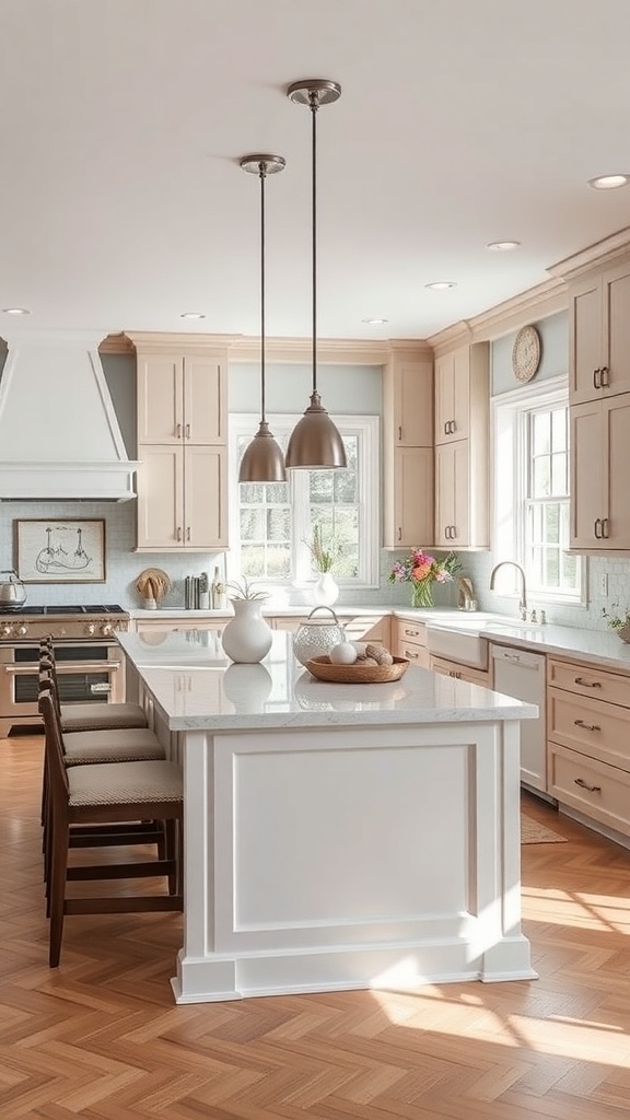 A bright and functional kitchen with a large island, featuring seating and stylish decor.