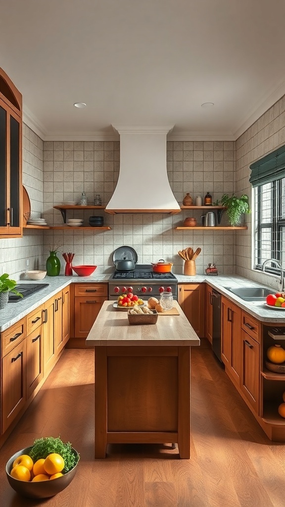 A beautifully designed Indian kitchen with wooden cabinets, a central island, and fresh produce on the counter.