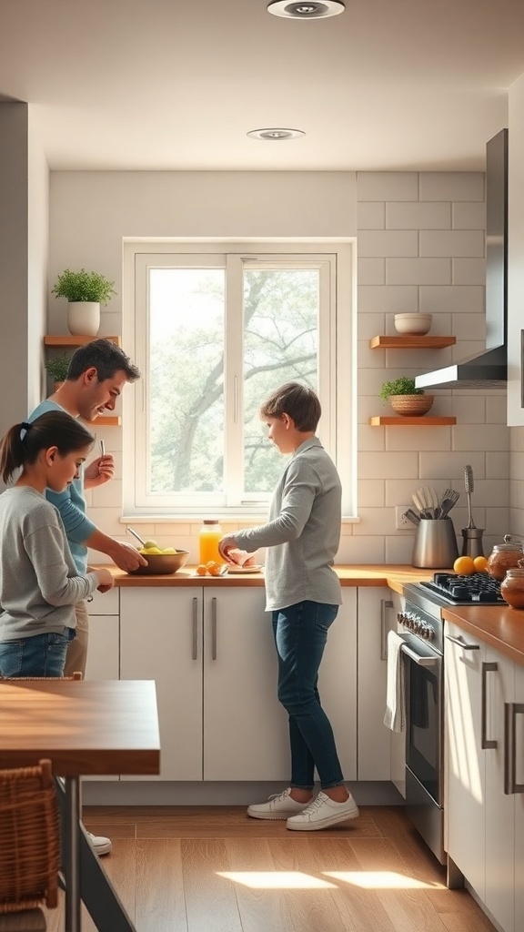 A family cooking together in a bright kitchen, showcasing a functional layout.