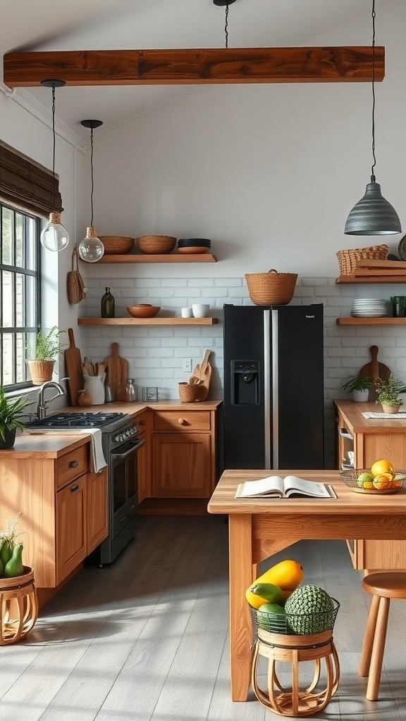 A modern rustic kitchen featuring wooden cabinets, open shelving, and a cozy dining area.