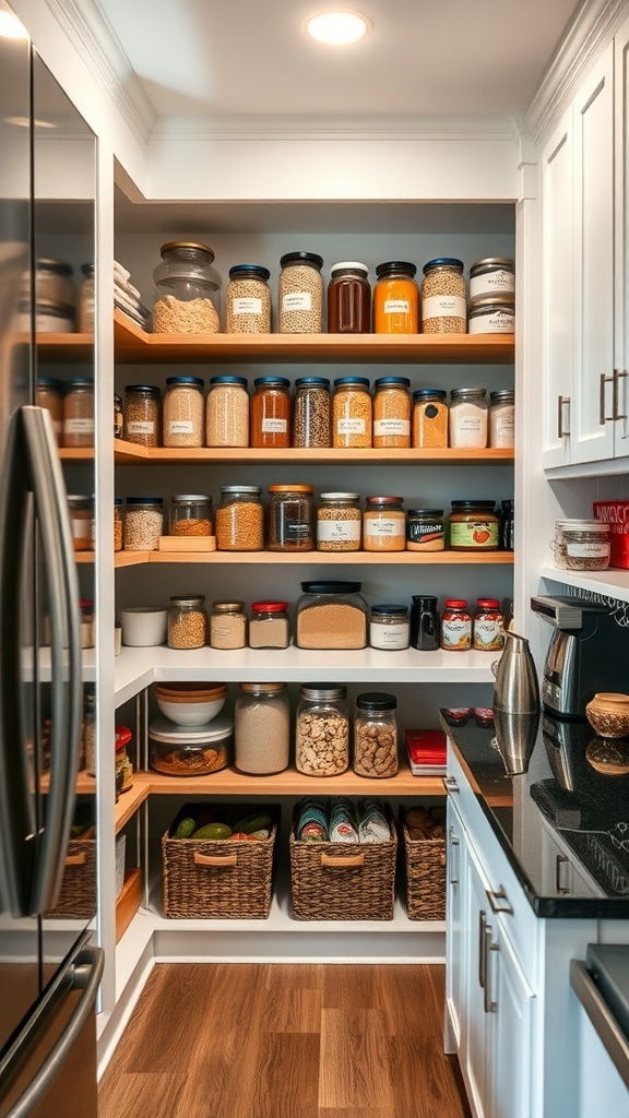 A modern pantry with organized shelves, clear jars, and labeled containers.