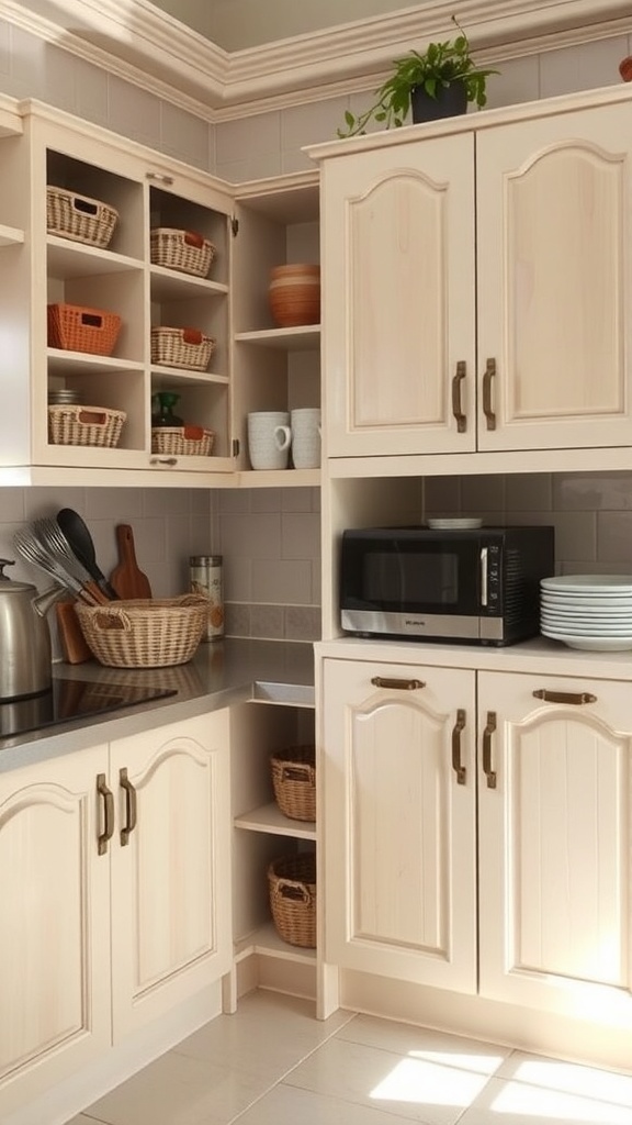 A kitchen with functional storage solutions including open shelves and baskets.