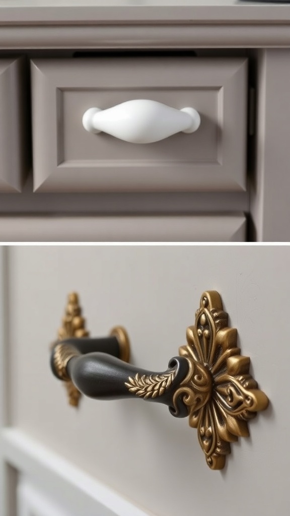 A comparison of a simple white drawer pull and an ornate black and gold drawer pull.