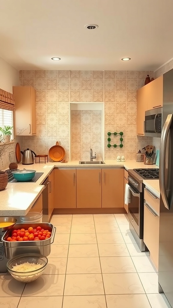 A modern Indian family kitchen with organized workspace and fresh ingredients.