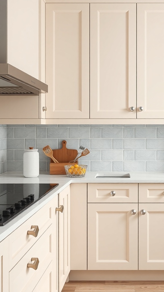 A modern kitchen with geometric shaped cabinet handles.