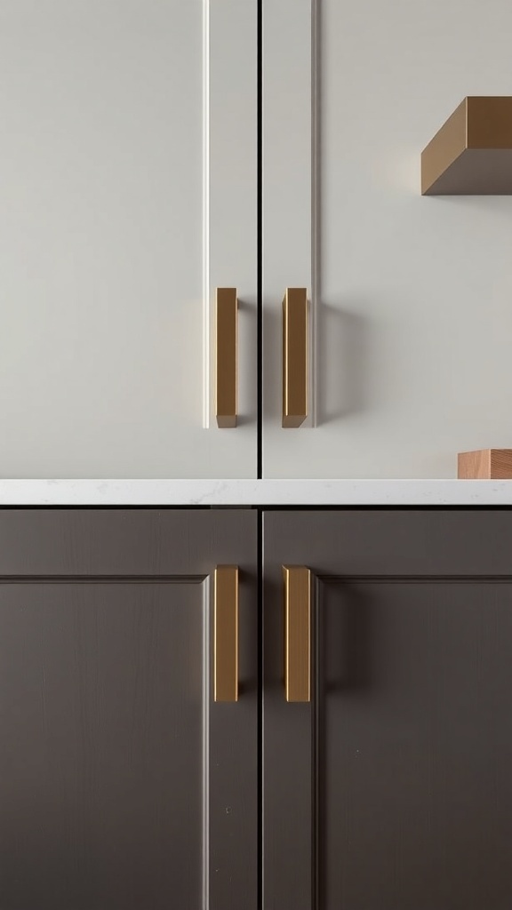 Modern cabinet design featuring geometric hardware in gold.