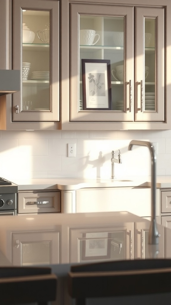 A kitchen with glass cabinet doors and stylish handles.